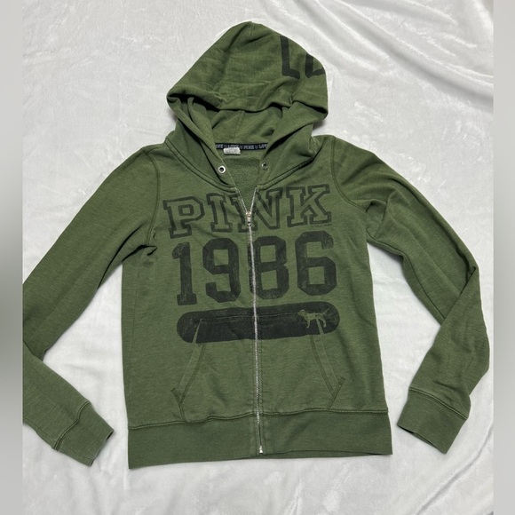 Vintage PINK Victorias Secret Olive Green Zipper Hoodie - Picture 1 of 10